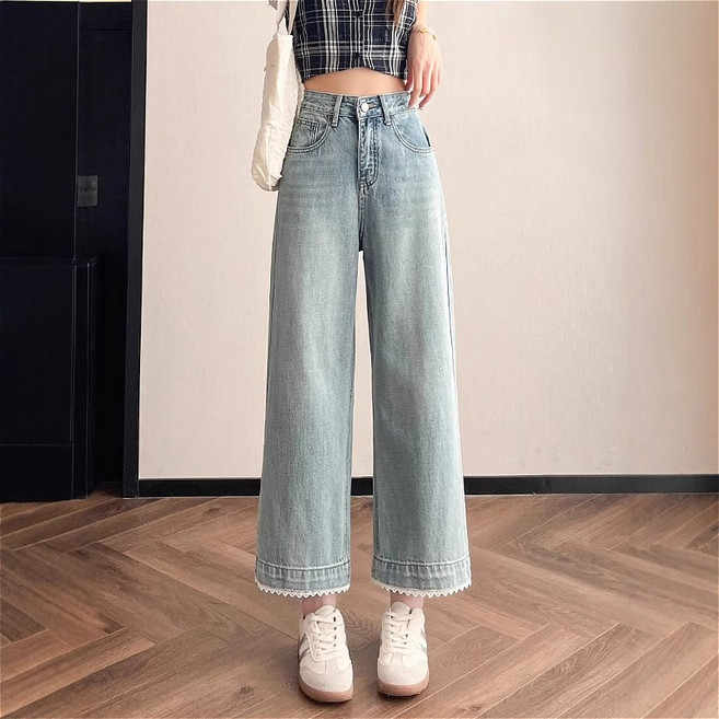 SAHINER 여성 데님 와이드 9부 팬츠 레이스 트리밍 캐주얼 바지 BNZ98