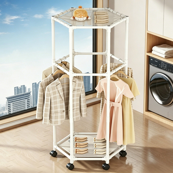 스탠드 행거 육각형 회전식 건조대 바퀴달린 이동식 실내 베란다, 흰색
