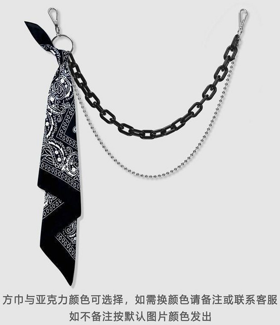 嘻哈褲鏈子配飾 高街金屬腰鏈, 1個, 黑色雙層鏈+黑方巾, 黑色, 雙層鏈+黑方巾