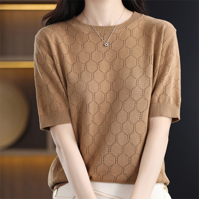 데일로엔 여성 여름 니트 라운드넥 패턴 반팔티