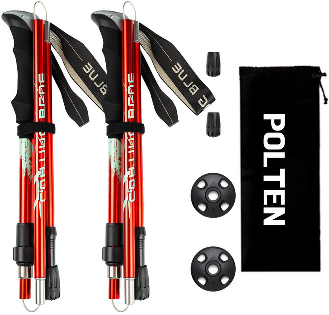 폴텐 초경량 접이식 폴대 두랄루민 등산스틱, 2세트, 레드