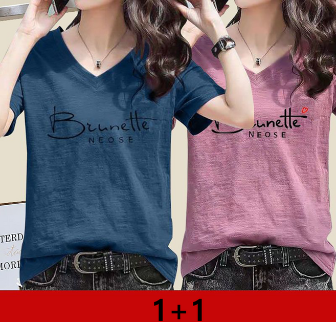 지고다그 1+1 100% 순면 V넥 프린트 반팔 티셔츠 여성 여름 넉넉한 빅사이즈 반소매 상의 SX68185