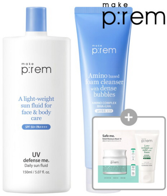 [메이크프렘] [안심패 3매] 데일리 선플루이드 150ml+아미노 리프레시 클렌징 폼 150ml [GIFT]클렌징폼 20ml, 1개, 150ml