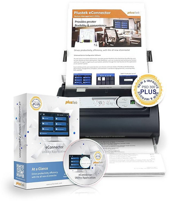 ADF가 포함된 Plustek PSD300 플러스 문서 스캐너 클라우드 쉐어포인트 오피스 365 및 내장 바코드 인식 기능으로 직접 스캔 가능, 상세페이지 참조
