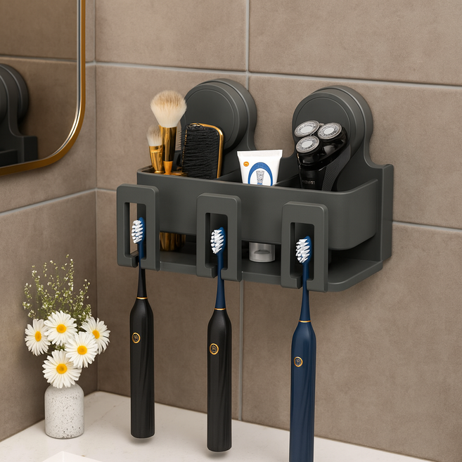 클레미엄 무타공 흡착식 우주 항공알루미늄 칫솔꽂이 칫솔걸이 스테인리스 컵꽂이, 3구, 그레이 3구