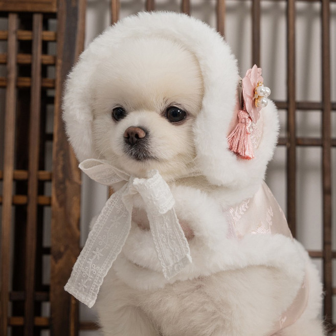 베일리펫 강아지한복 털모자 귀도리 눈꽃설화 귀마개, 1개, 핑크