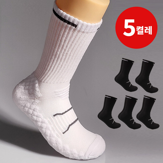 폴링 두꺼운 쿠션 스포츠 양말 장목 화이트 블랙 5켤레