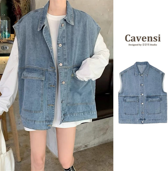 【Cavensi】S-5XL 韓版寬鬆復古寬版牛仔背心 加大尺碼 翻領背心 牛仔馬甲 牛仔外套 A191