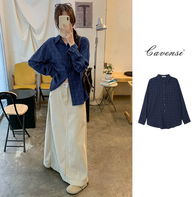 Cavensi 藍色系棉質格子襯衫