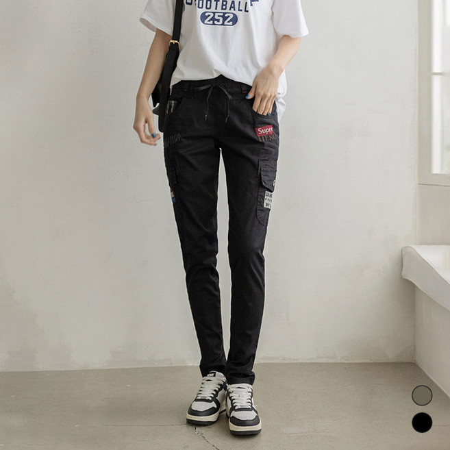 국내 생산 여성용 시원한 여름바지 스판 밴딩 자수 패치 슬림핏 카고 팬츠 slim cargo pants