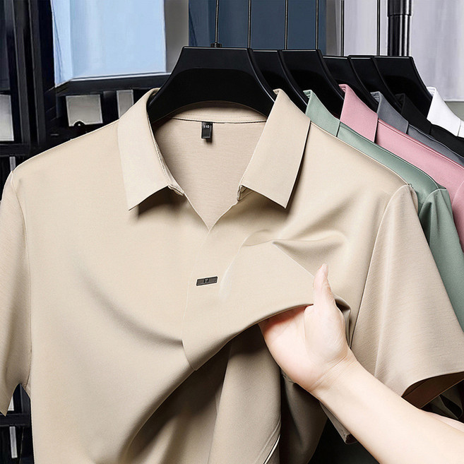 남성 아이스 폴로 반팔 스칼롭 넥 무 흔적 남성 티 피부 친화적 아이스 실크 반팔 상의 피부 친화적 티 골프티 와이셔츠