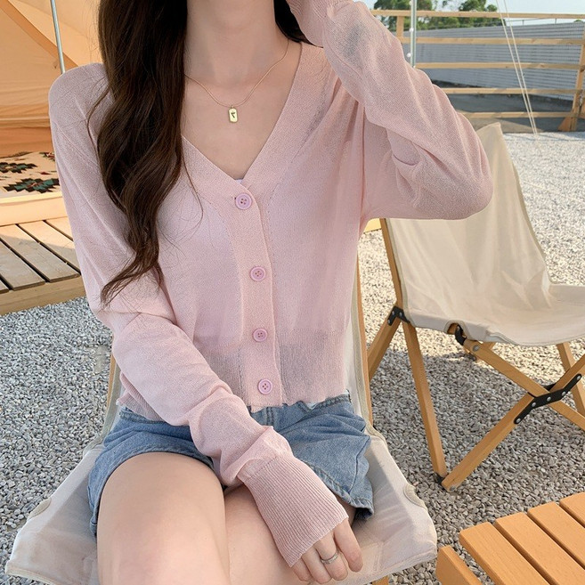 데일리픽쳐 여성용 린넨 긴팔 니트 크롭 시스루 가디건