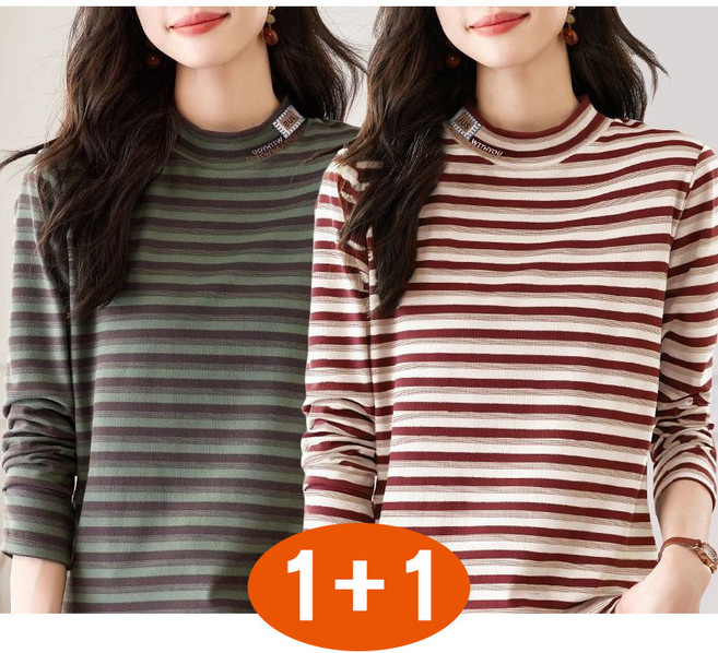 1+1 여성 스트라이프 긴팔 티셔츠 봄가을 심플 데일리 반목 긴팔티 캐주얼 코디 이너 상의 WMY