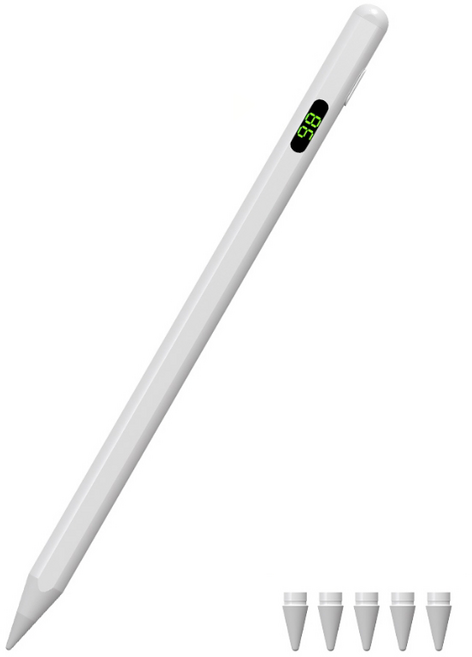 WOWWAY 아이패드 펜슬 터치펜 애플 iPad 호환용 LED 블루투스형 펜촉 5개증정, 화이트-디스플레이형, 1개