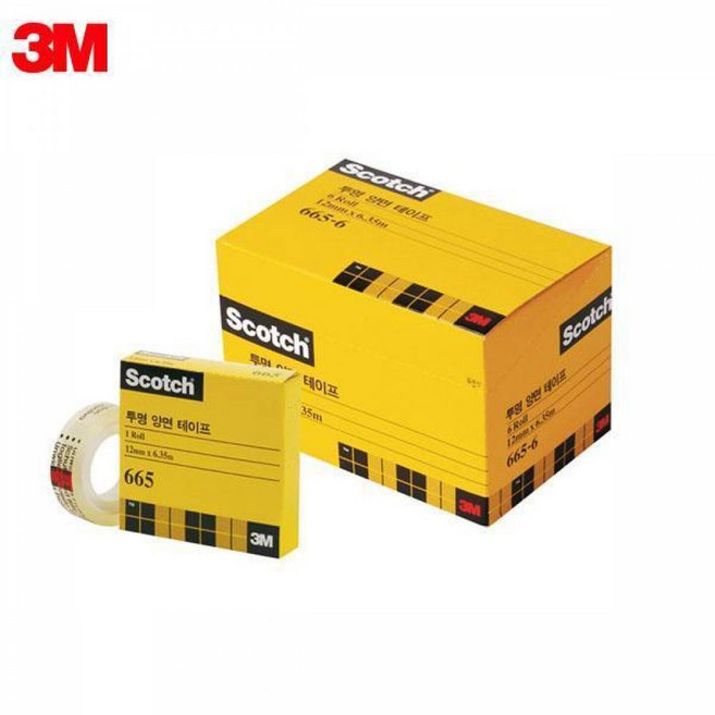 3M 스카치 투명 양면 테이프 오피스팩 665R-6 (12mm x6.35M) 리필 6개입, 노랑, 6개