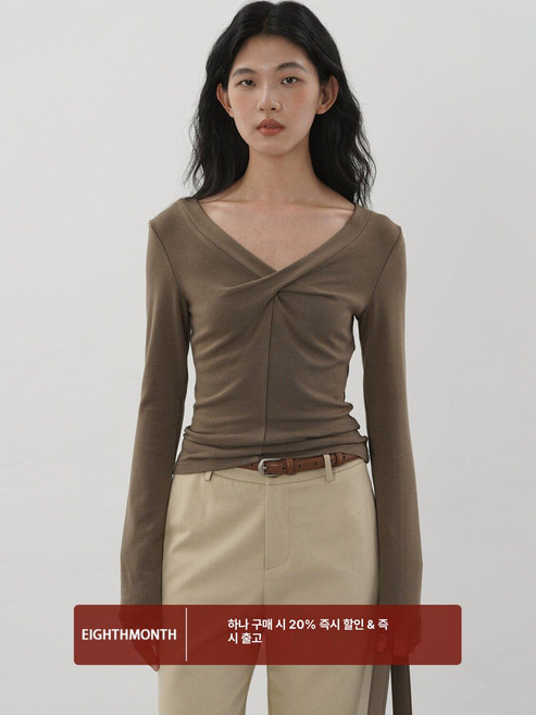 EIGHTHMONTH 티셔츠 크로스매듭 브이넥 긴팔 슬림핏 가을 베이스 레이어드 탑