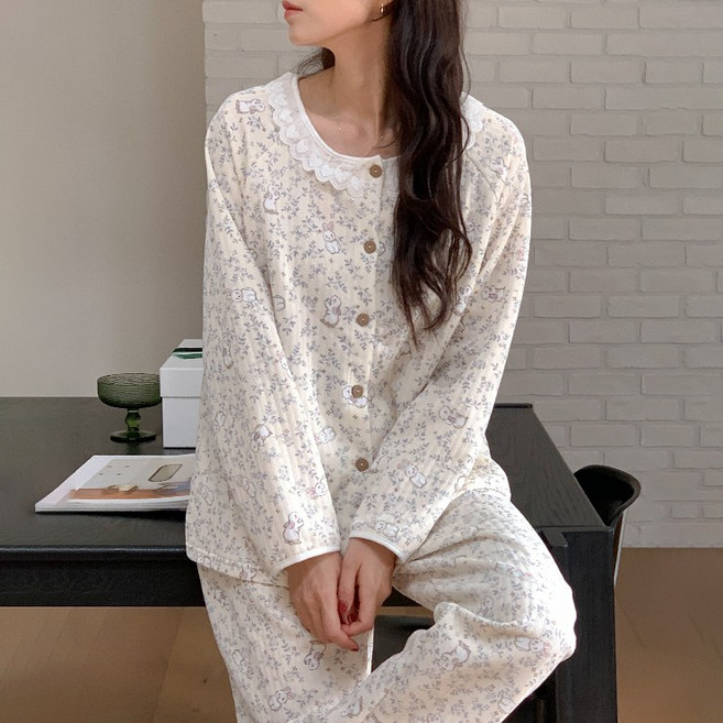 어나더뷰 2947 로우 바니 누빔 파자마 상하세트 긴팔 긴바지 레이스 토끼 플라워 가을 겨울 홈웨어 잠옷