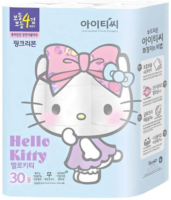 헬로키티 4겹 핑크리본 더블 데코 롤화장지 20m, 30롤, 1개