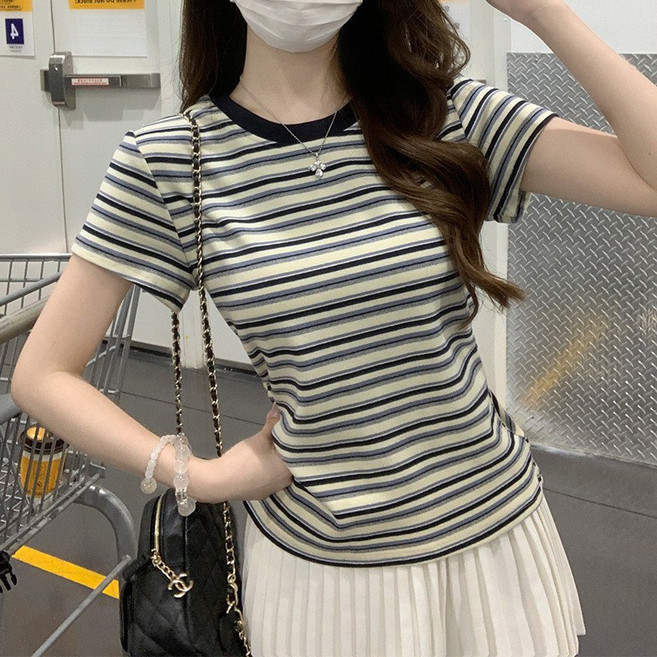 5위 - BROWMODA 여성 반팔 스트라이프 티셔츠