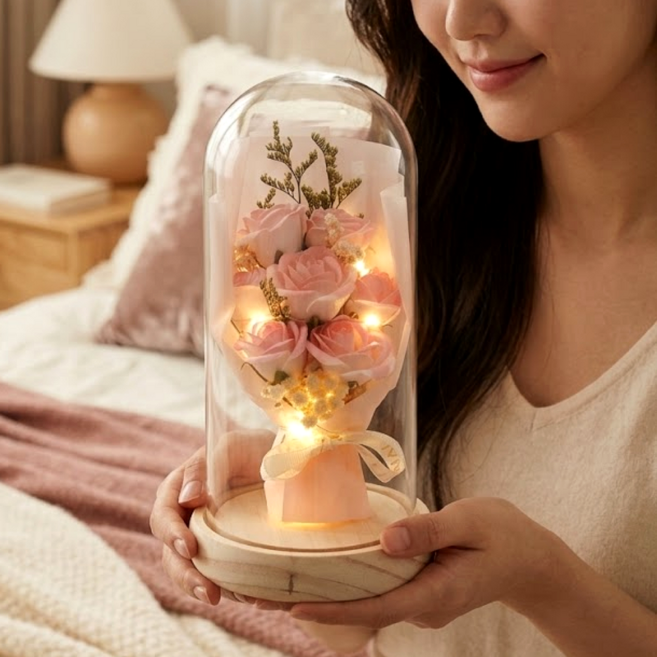 셀루미스 꽃무드등 LED 장미 무드등 유리돔 플라워 시들지않는 꽃 여자친구 선물 프리저브드, 핑크