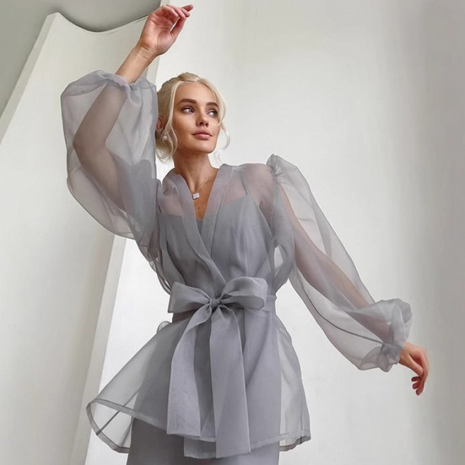 해피유통 여성 시스루 퍼프 블라우스 허리리본 묶음 페미닌 하객룩