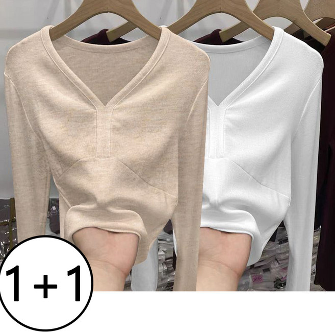 1+1 여자 긴팔티 데일리 슬림핏 여성 브이넥 이너 긴팔 티셔츠 봄 가을 여성용 긴소매 상의 LZH