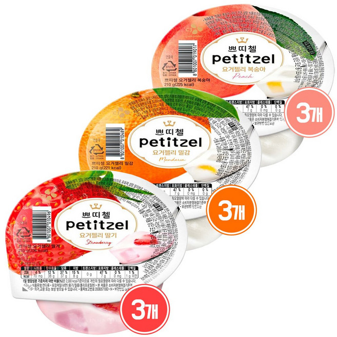 쁘띠첼 요거젤리 3종 3개씩 딸기 밀감 복숭아, 1세트, 210g