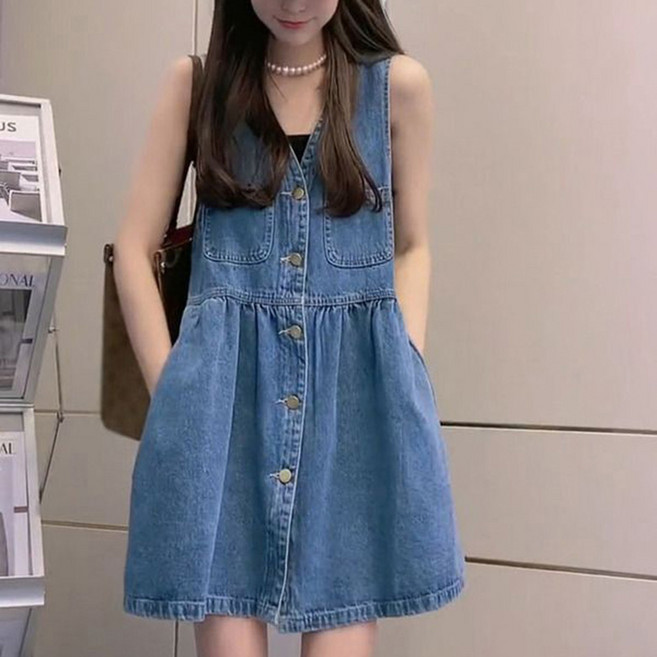 데님 나시 원피스 여성 여름 원피스 와이드 멜빵 스커트 민소매원피스 루즈핏 레이어드핏 미니원피스 WAWAMIYA