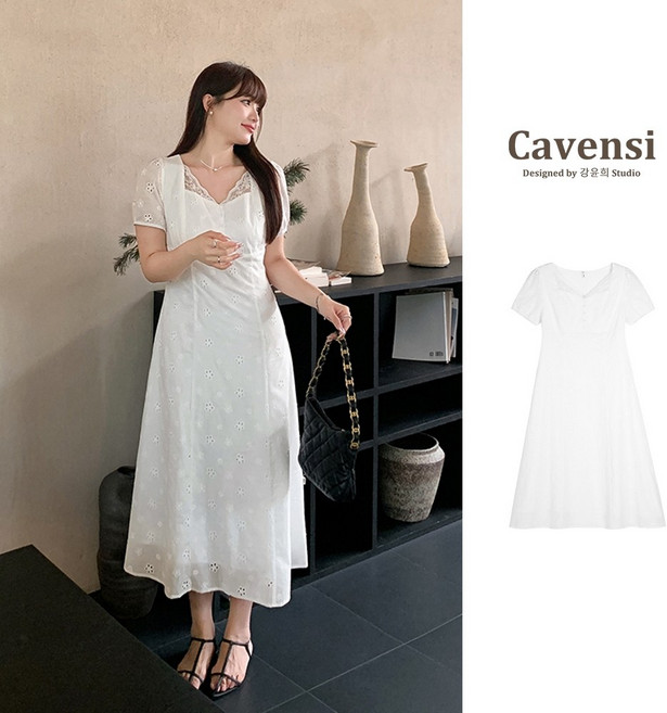 Cavensi 白色蕾絲連身裙 短袖雪紡洋裝 大尺碼, 溫柔白色,L（建議50-60公斤）