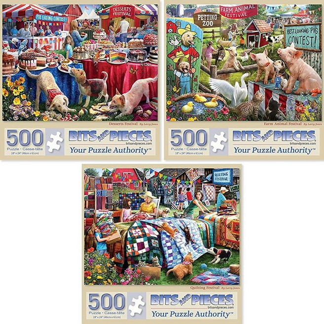 Bits and Pieces 성인용 300피스 직소 퍼즐 3개 밸류 세트 - 아티스트 래리 존스의 디저트 농장 동물 퀼팅 퍼즐 완성된 사이즈: 45.7cm x 61cm(18인, Three 500 Piece Puzzles