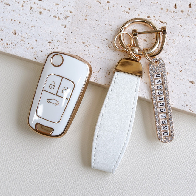 트니르 쉐보레 호환 아베오 트랙스 라세티프리미어 크루즈 올란도 말리부 알페온 순정 폴딩키 교체형 자동차 스마트 키 케이스 TPU 골드라인 번호판키링 스트랩, 쉐보레E타입, 일반오링, 화이트