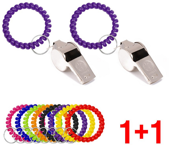 [메탈호루라기 2개+스프링고무줄 2개 묶음] (메탈호루라기2P + 스프링키고리2P) 호신용 호루라기 경보음 스포츠 호각 휘슬 손목줄, 메탈호루라기 + 스프링키고리 블루, 2개