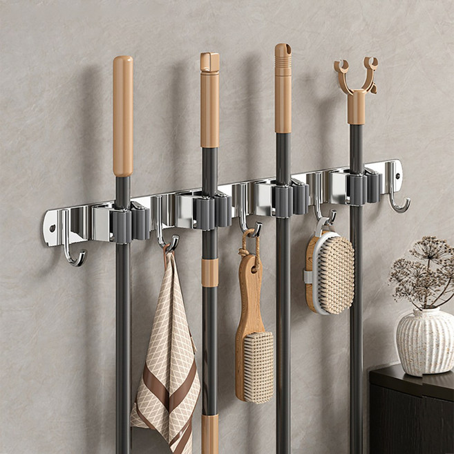 청소도구걸이 벽걸이정리대 밀대걸이 다용도후크 수납홀더, 4걸이5후크, 실버, 1개