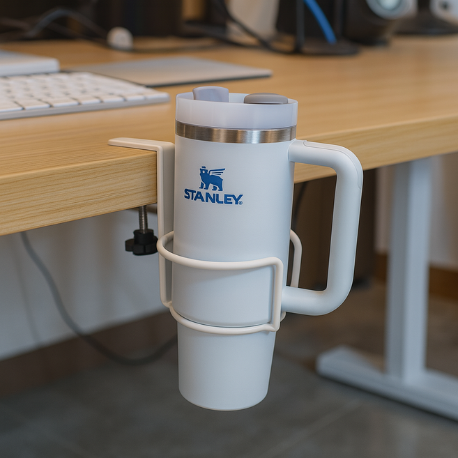 WAP 책상 컵홀더 스탠리 텀블러 호환 받침대 다용도 무타공 휴대용 걸이대 고정 철제, 1개, 소형 화이트
