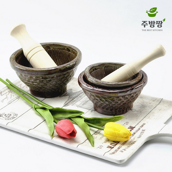 [국산] 절구 깨갈이 깨절구 미니절구 이유식 마늘 약절구 절구통 도자기절구 절구방망이 절구공이 도자기깨갈이, 1세트