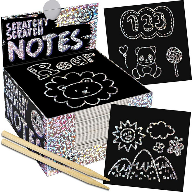 스크래치 미니 메모지: 아동 예술 공예 프로젝트 낙서와 목록 작성용으로 은색 홀로그램 반짝이 또는 무지개 물방울 무늬가 있는 검은색 메모지 150장. 나무 스타일러스 드로잉, 실버 홀로그램