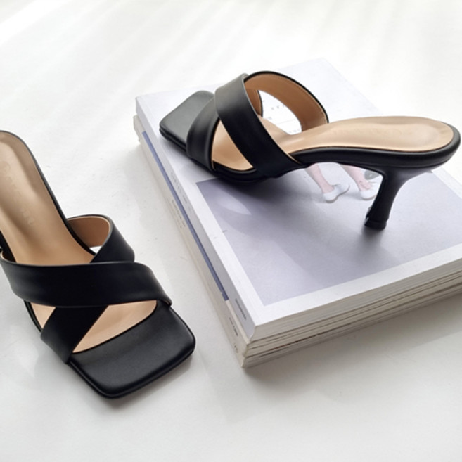 국내제작 가이아슈 여성용 발편한 스트랩 스퀘어 토 뮬 슬리퍼 7cm 여성뮬