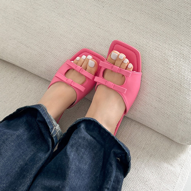 [당일출고] 꼼꼼구두 슈슈 스퀘어 리본 스트랩 플랫 뮬 슬리퍼(2cm)