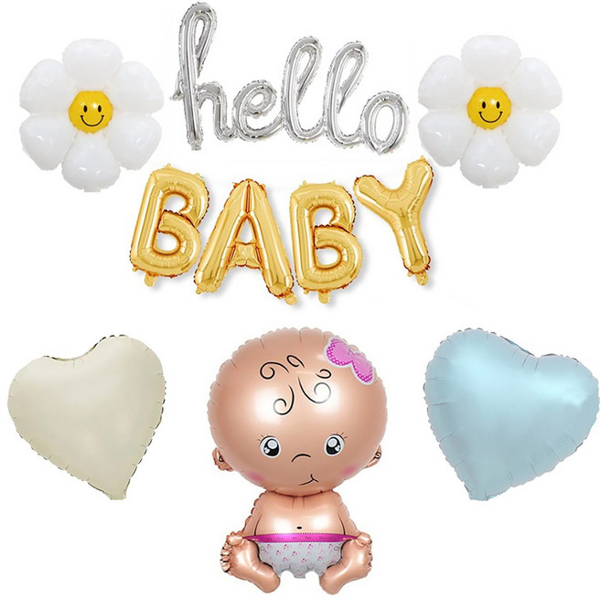 해피제이니 안녕 아가야 젠더리빌 데이지 하트 베이비 샤워 풍선 세트, 1세트, 여아세트