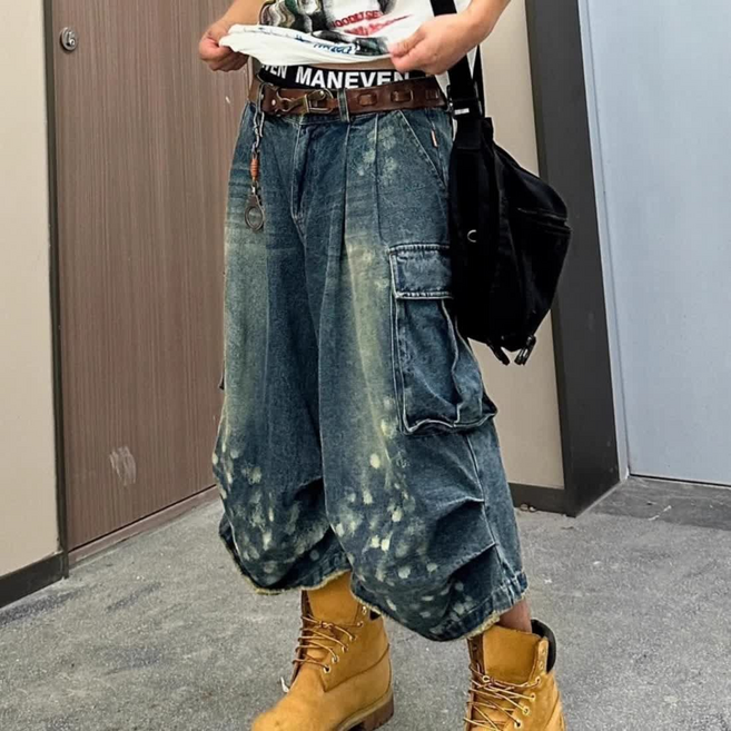 COSYEVNO 유니섹스 7부 카고 팬츠 와이드핏 스트릿 스타일 CLXkz-17