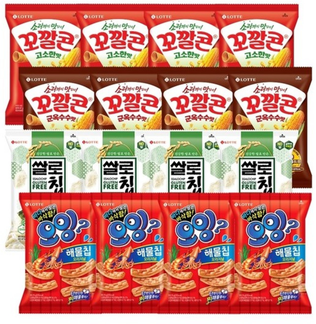 오잉 해물칩 75g x4개+꼬깔콘 2종(고소군옥수수)x4+쌀로별 들기름 김맛 50g x4, 없음, 1.036kg, 1세트