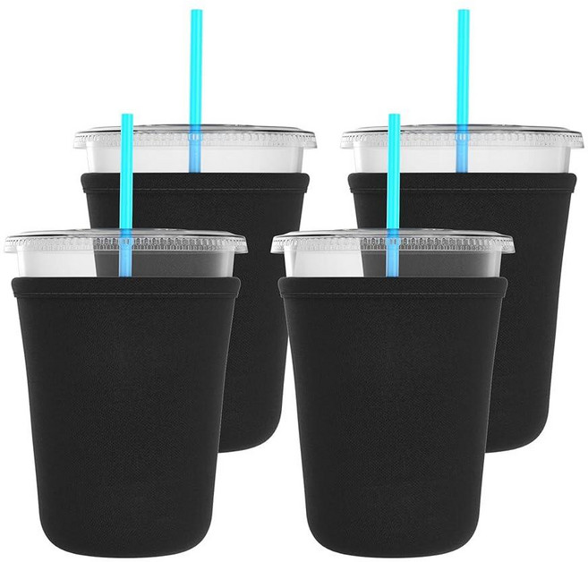 TahoeBay Iced Coffee Cold Cup Sleeve (4-Pack) Reusable Blank Neoprene Insulator Drink Sleeves 16oz, Black