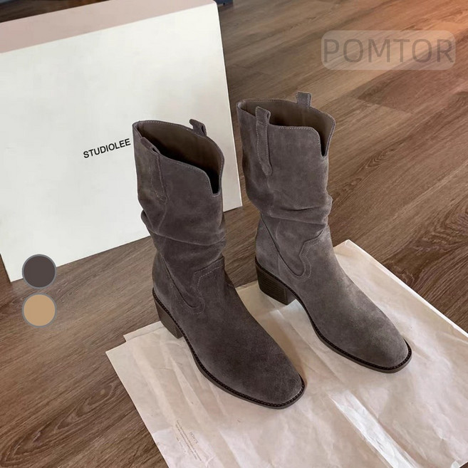 POMTOR 여성 낮은굽 스웨이드 웨스턴 하프 미들 부츠