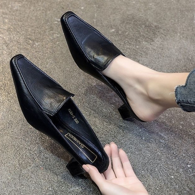 여성 스틸레토 통굽 슬리퍼 블랙 미들 오피스 구두 발편한 슬립온 단화