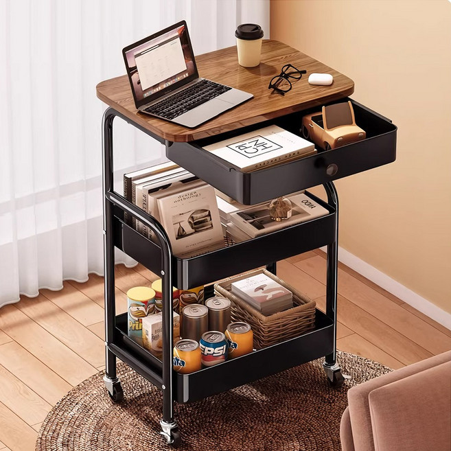 이동식 트롤리 서랍형 수납카트 LUXRORO 다용도 모바일 수납 정리함, 3단, 블랙