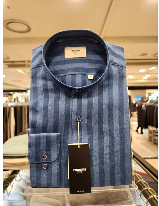 NC불광점 레노마 # S/S 여름용 긴팔 # 린넨 스트라이프 차이나 긴팔 밑단 일자 일반핏 남방 셔츠 ROSSG1-054-BU