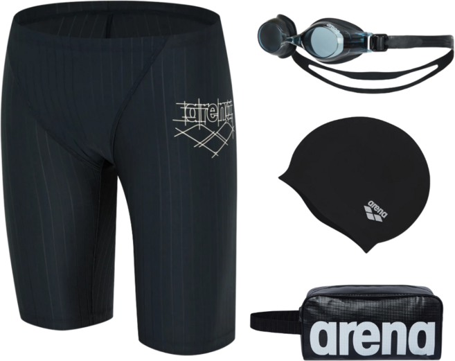 아레나 그리드 4부 실리콘 수모 수경 손가방 세트 / 남자 수영복 물안경 수영 모자 수영가방