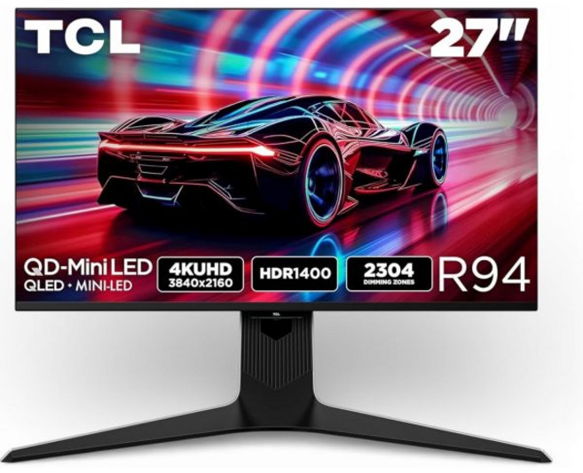 TCL 27인치 R94 시리즈 4K UHD HDR QD-미니 LED 165Hz 1ms GTG 내장 스테레오 스피커 조절 가능한 스탠드 게이밍 모니터 블랙 앤 화이트 27R94, TCL 27인치 R94 시리즈 4K UHD HDR QD