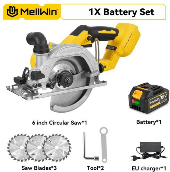 원형톱 목공 전기 멜윈 브러시리스 6인치 150MM 무선 휴대용 도구 마키타 호환 18V 배터리 핀용, 2)1 Battery Set