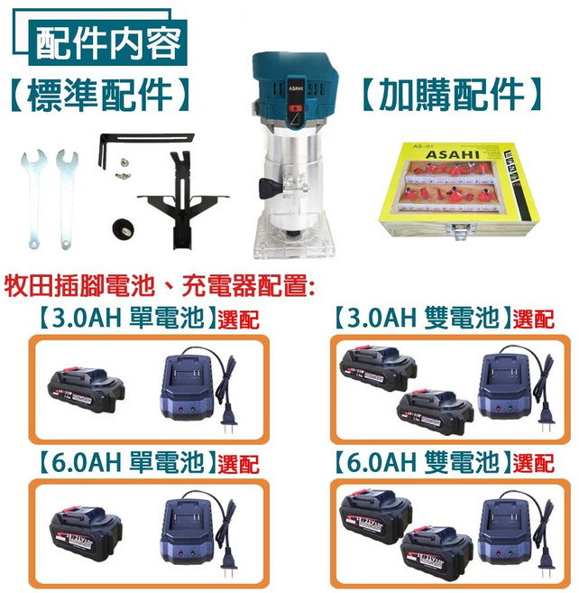 宇慶ASAHI 附發票 SC0651 鋰電調速無刷修編機 通用牧田18V 鋰電調速無刷修邊機 電木工銑槽機, 1個, SC0651+無芯片3.0單電池